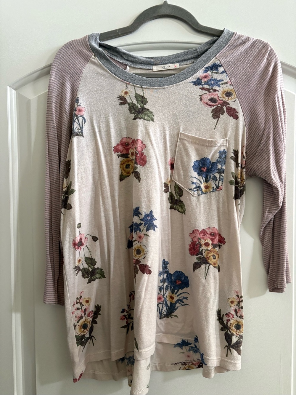Le Lis Cream Floral Long Sleeve Tee with Mauve Stripe Sleeves